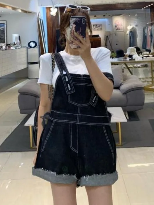 Chic Vintage Summer Square Ne Line Design Adjustable Strap Denim Overalls orts Women's Faion Commute Sle Medium Softn