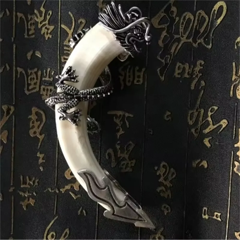 

1pc / Elaborate Natural Genuine wild boar teeth, Tibetan silver dragon head pendant