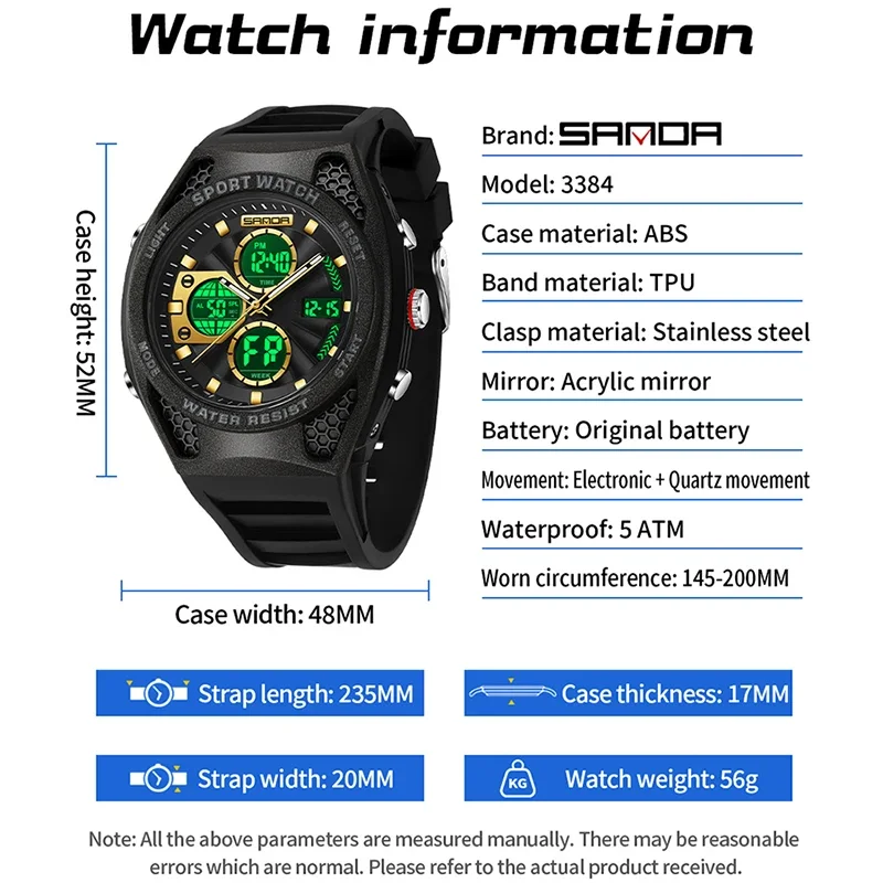 SANDA العلامة التجارية الأعلى موضة الرياضة ساعة إلكترونية للرجال متعددة الوظائف كرونوغراف مضيئة مقاوم للماء ساعة تنبيه ساعة رجالية Wrsitwatch