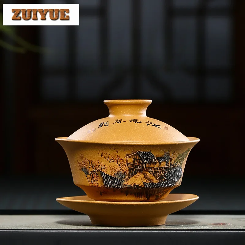 135ml Yixing Zisha Clay Drawing Gaiwan Boutique Tea Tureen Tea Bowl With Lid Kit Tea Brewing Cover Bowl Kung Fu Tea Set Craft