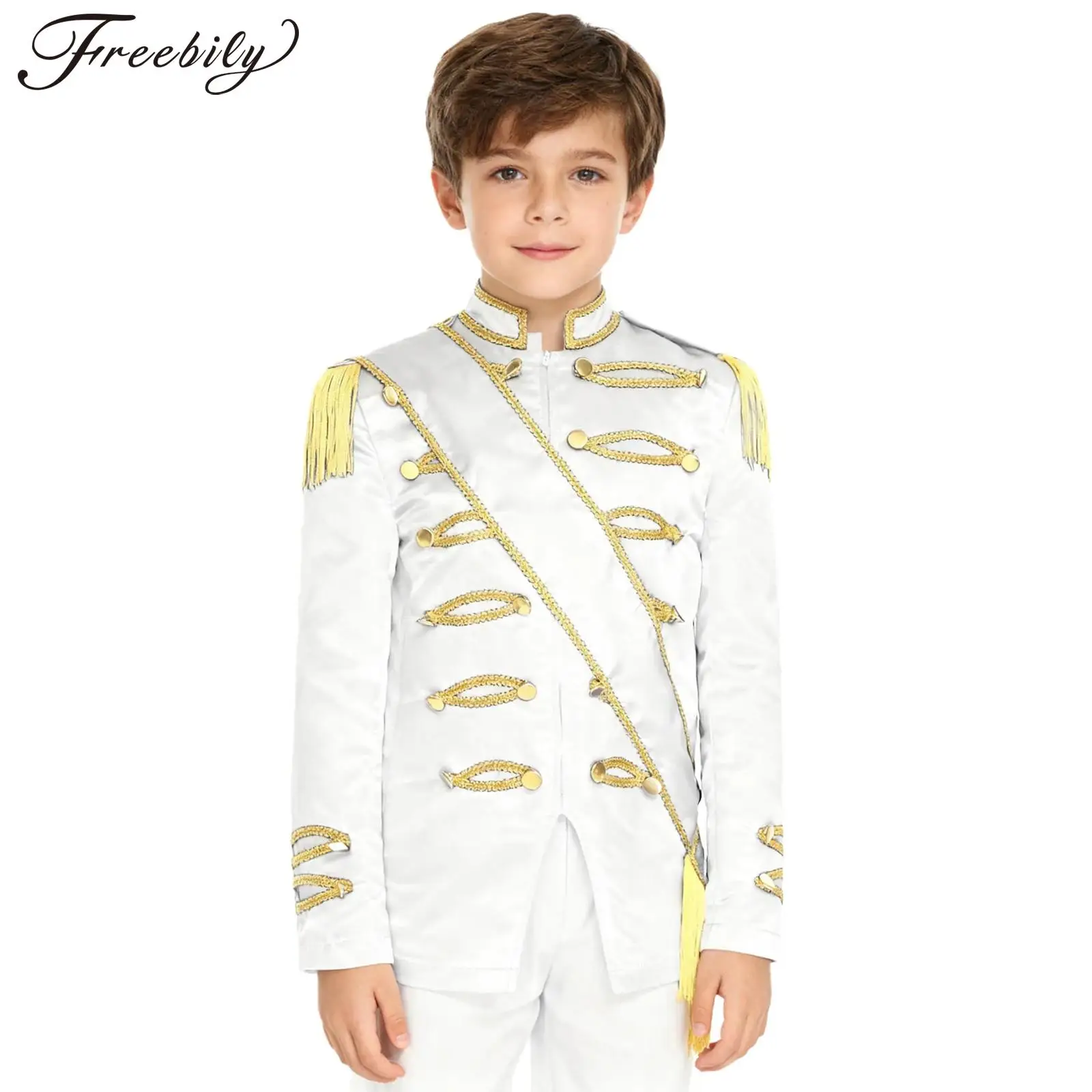 

Kids Soldier Honor Guard Major Uniform Drum Marching Band Performance Performance Tassel Golden Braided Jacket Coat with Sash