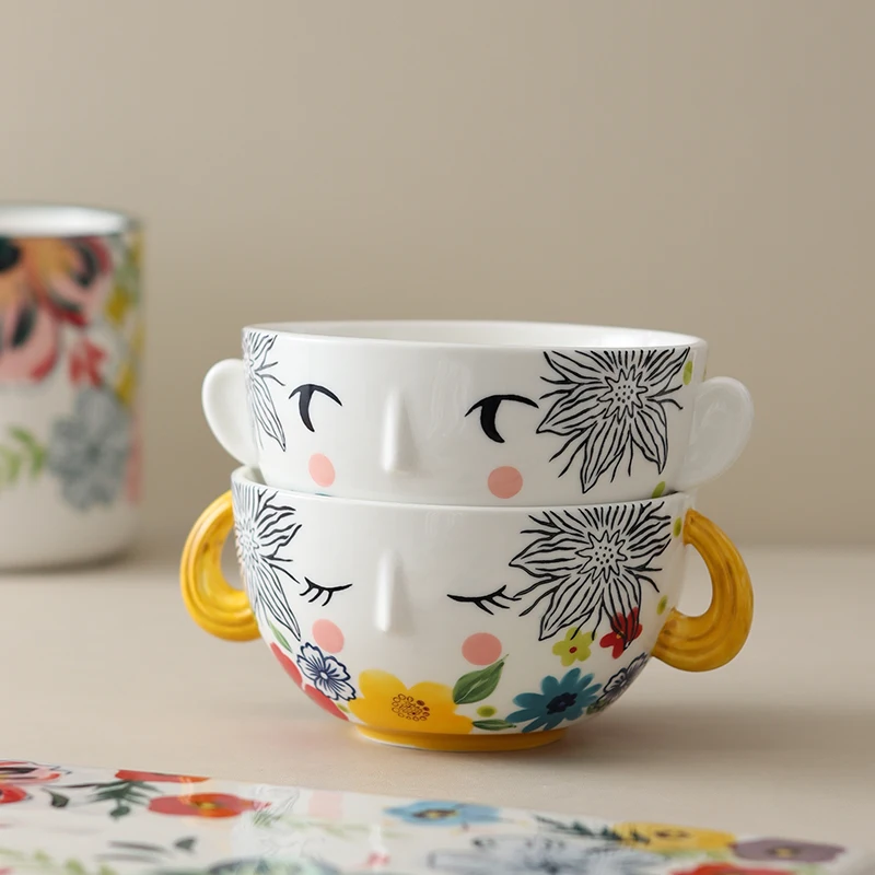 

Vintage hand-painted double ear ceramic bowl breakfast salad soup bowl dessert bowl family kitchen cute tableware Christmas gift