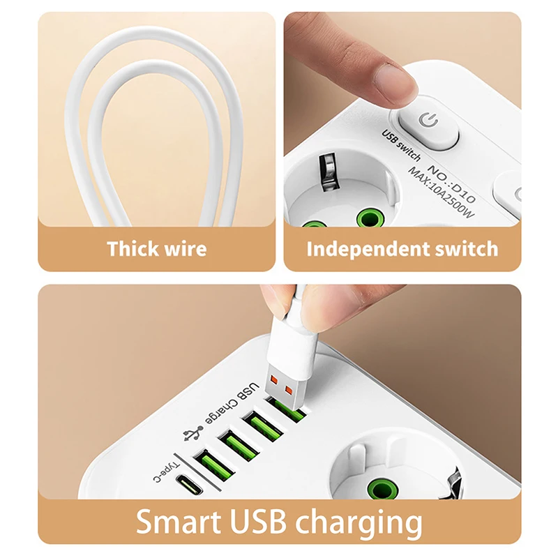 Prolunga di alimentazione con spina UE con cavo da 2 m, presa multipla, ricarica rapida USB-C e adattatore per filtro di rete.