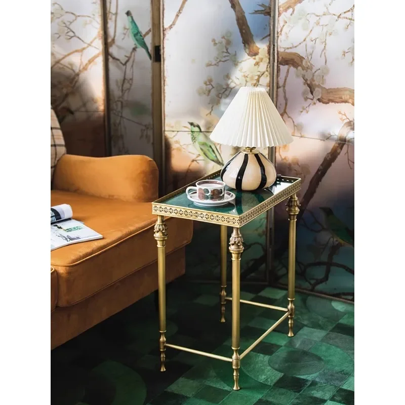 Retro brass side table light luxury high-end emerald marble home living room coffee table medieval set