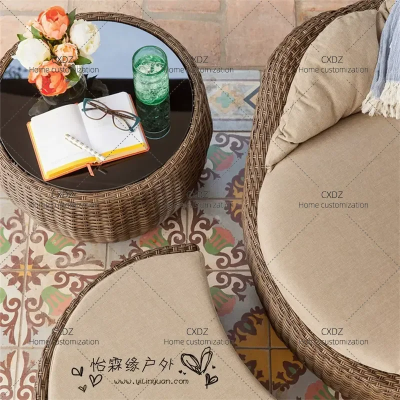 Outdoor Rattan Sofa Set 3 Piece Wicker Patio Furniture with Table and Chairs for Living Room Balcony Small Apartment Lazy