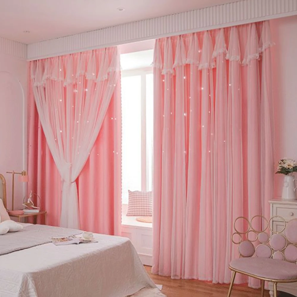 Cute Pink Star Cutout Window Curtain, Blackout Solid Color Curtain, Lace Trim Decorative Curtain Panel For Bedroom, Girls Room,