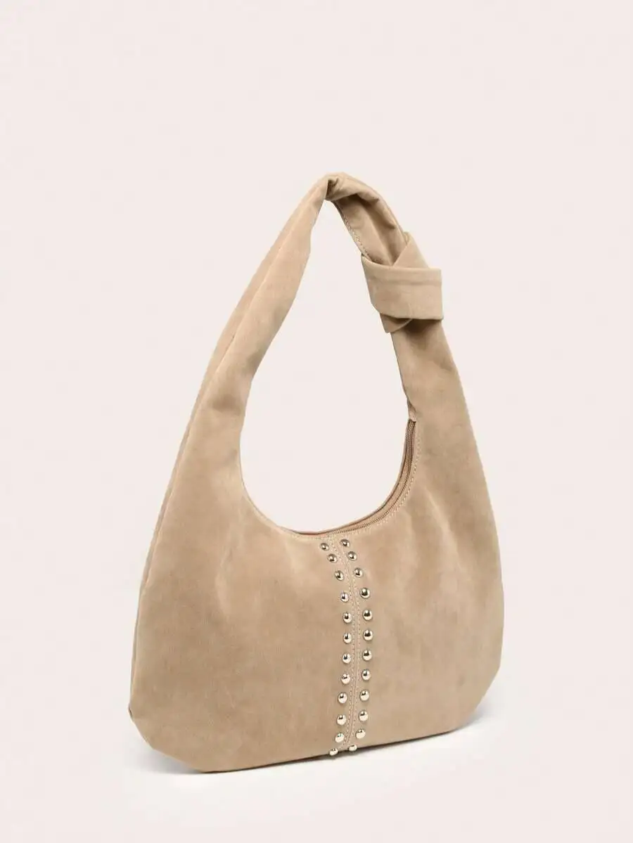 

Женская сумка через плечо в форме полумесяца, однотонная, из замши, с заклепками, винтажная, универсальная, для повседневного использования, большая вместимость, подходит для города.