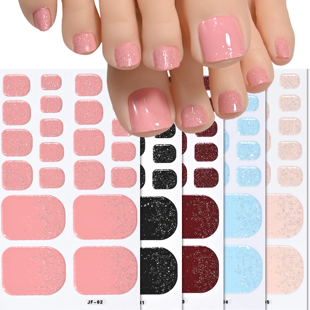 22tips Glitter Toe Nail Sticker Wraps Adhesive Decals Toenail Polish Strips Patch Women Solid Color Full Cover DIY Foot Sliders