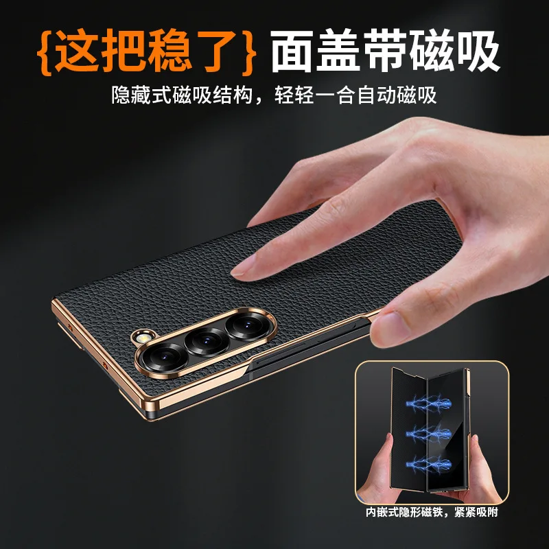 Etui z prawdziwej skóry bydlęcej o fakturze liczi do Samsunga Galaxy Z Fold 8 Ultra 7 6 5 5G, galwanizowane etui ochronne. — zdjęcie produktu 3