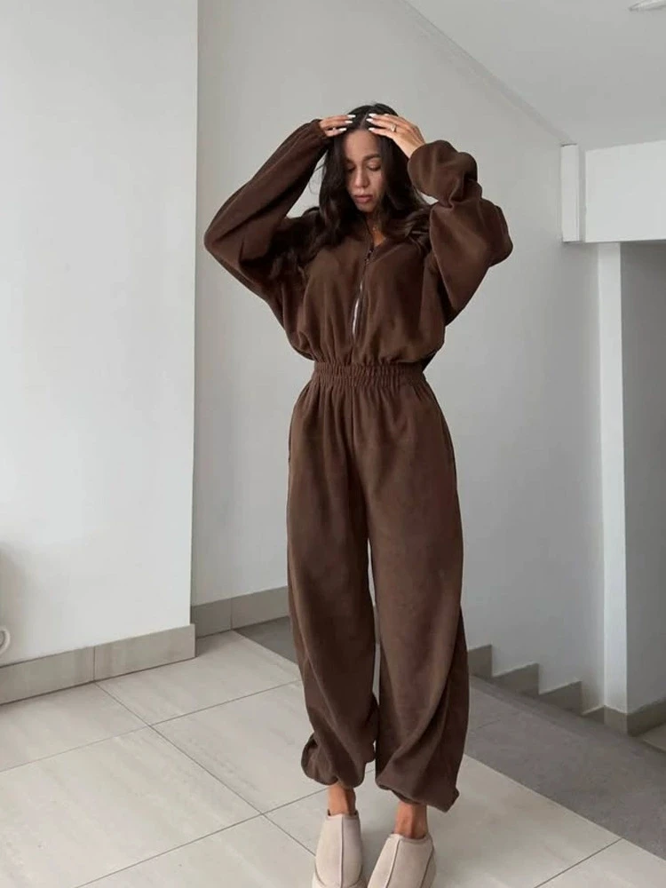 

Casual Long Sve Zipper Elastic Waist Jumpsuit High Waist Straight Leg Long Pants Polyester Spring Commute Sle Women's On...