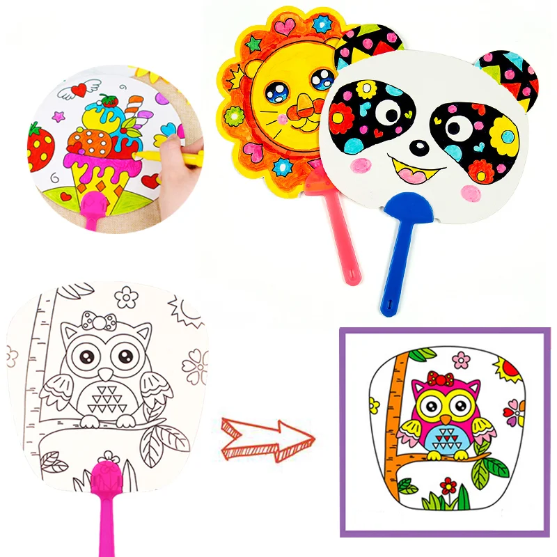 1pcs Children\'s Handmade DIY Painting Blank Fan Cartoon Paper Fan Hand-painted Graffiti Painting Coloring Fan Kindergarten