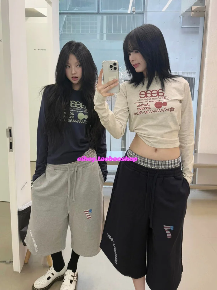 

Корейская футболка с буквенным принтом Ae, простая универсальная футболка с круглым вырезом и длинными рукавами, осенние облегающие женские майки, модный топ Y2k