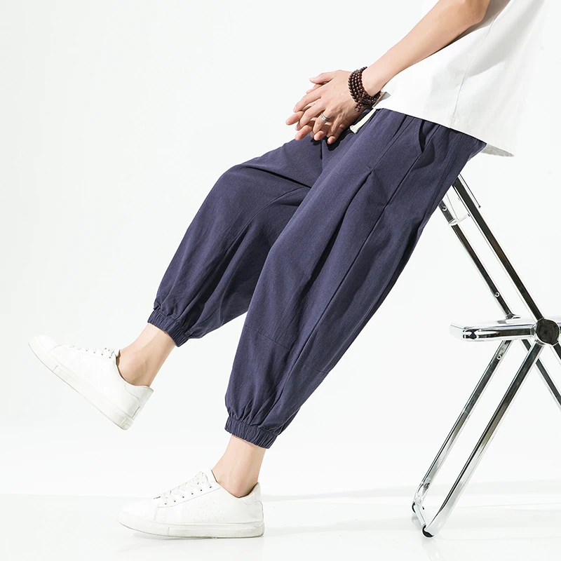 Japanese Loose Men's Cotton Linen Pants Male Summer New Breathable Solid Color Linen Trousers Fitness Streetwear Plus Size M-5XL