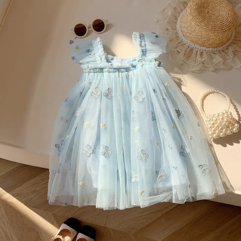Butterfly Embroidery Tulle Girls Dress Summer Baby Princess Dress Flutter Sleeve Puffy Party Birthday Dress for Toddlers Outfit