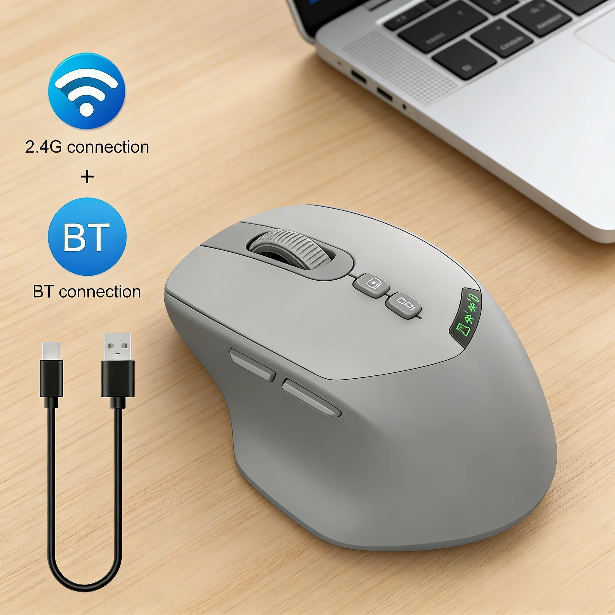 

2025 НОВАЯ ГОРЯЧАЯ бесшумная двухрежимная беспроводная мышь Bluetooth 2,4G, бесшумный щелчок, регулировка разрешения, батарея 500 мА, дисплей