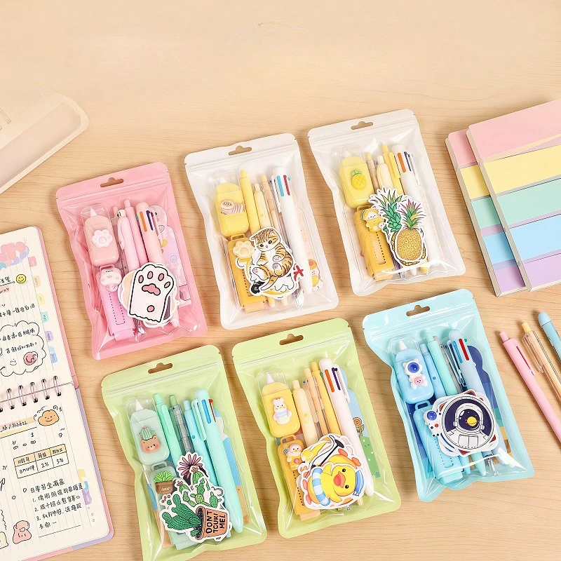 8PCS/Set Cute Student Stationery Combo Kawaii Cat Paw Pencil Set with Gel Pen Correction Tape Eraser Sticky Notes Gift for Kids