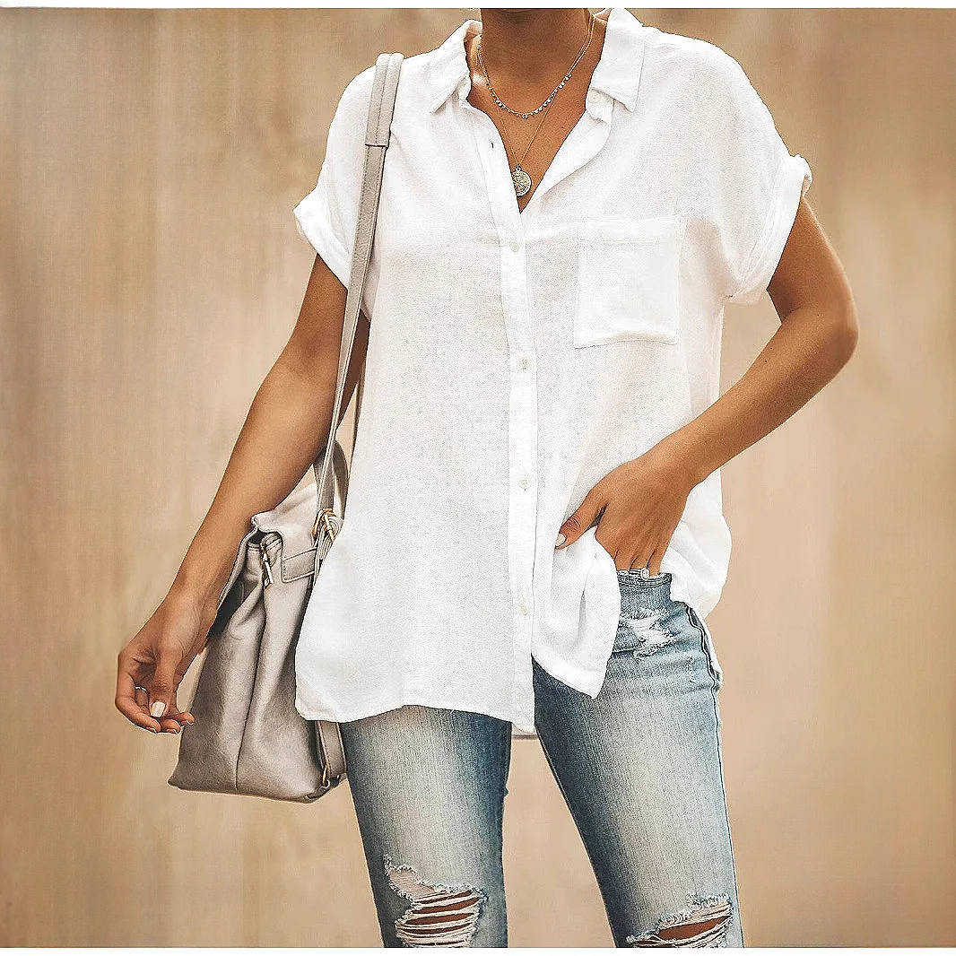 

Women's shirt summer new hot sale casual solid color short-sleeved top fashion simple luxury temperament elegant high-end vacati
