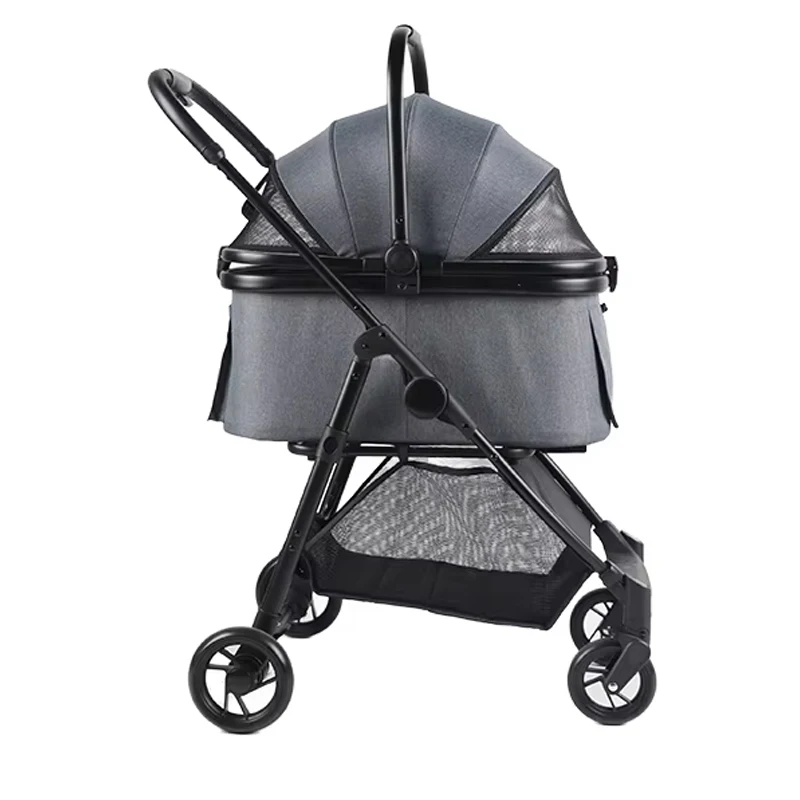 Portable 4-Wheel Pet Stroller with Linen Storage Basket Lightweight for Dogs and Cats