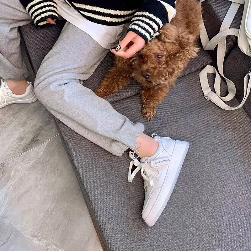 Korean Style Low-top PU Leather Women's White Shoes School-style Lace-up Ladies Vulcanized Shoes Outdoor Leisure Flat Sneakers