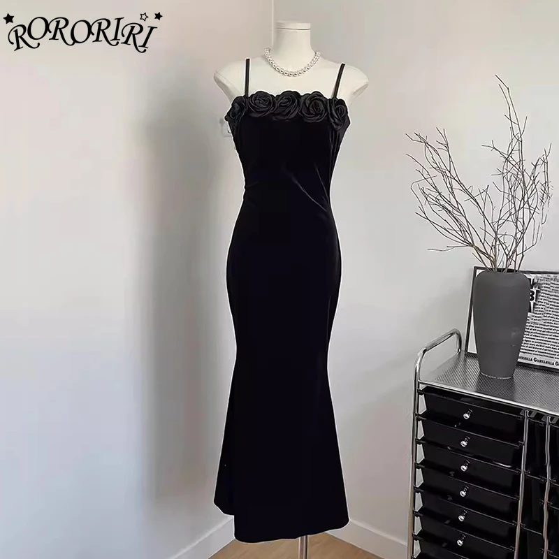 RORORIRI Romantic Rose Corset Long Dress Women Pretty Elegant Velvet Black Solid Mermaid Cami One-piece Party Formal Clothes