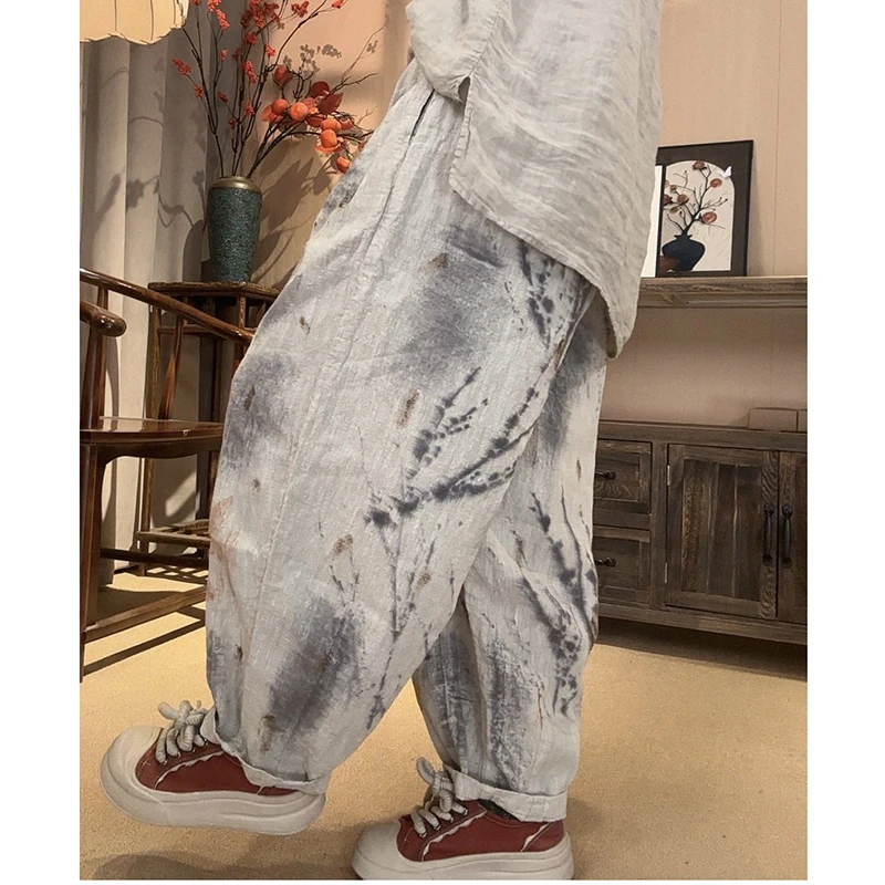 2026 New Arrival Spring Women Tie Dye Design Cotton Linen Ankle-length Pants Casual Loose Elastic Waist Print Harem Pants Y169