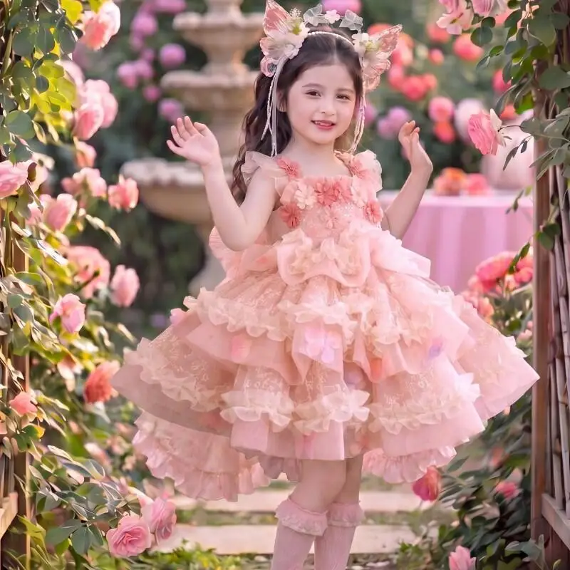 Girl Suspender Lolita Flower Mesh Dress Girl Sweet Princess Dress Summer New Tutu Skirt Children Fashion Sweet Party T-Shirt