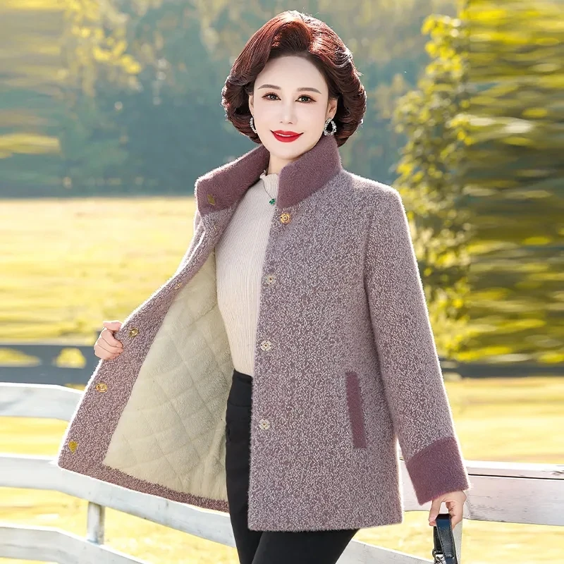 Middle Aged Mother Winter Woolen Coat High-quality Fashion  Thicken Wool Jacket Women Imitation Mink Fur Overcoat Large Size 6XL