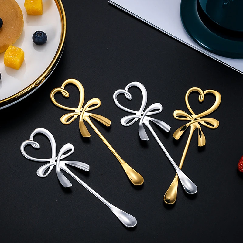 3D Bow Knot Heart Shaped Mini Coffee Spoon Tea Dessert Hanging Spoon Gold Silver Spoon Stainless Steel Flatware