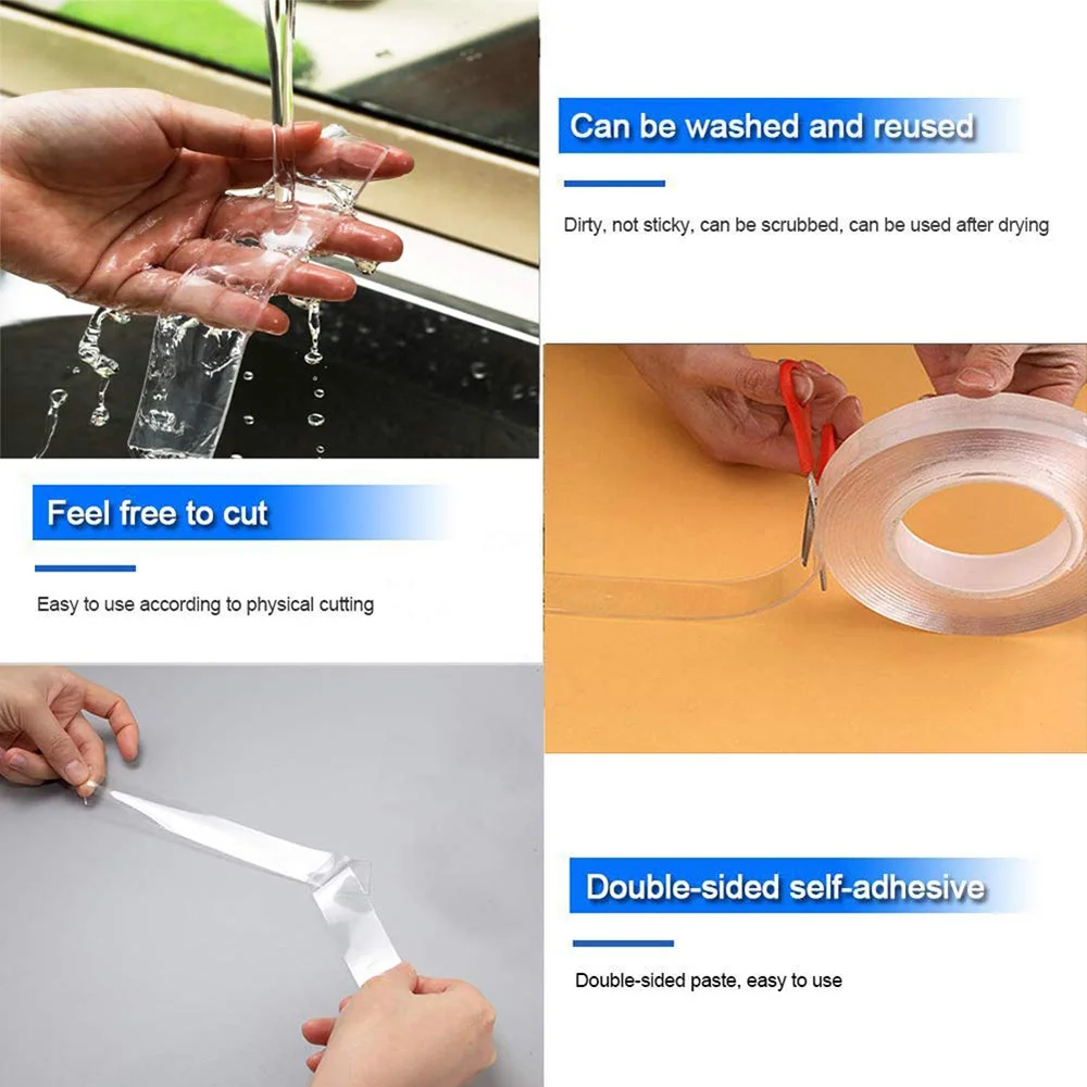 Washable Reusable Nano Tape Double Sided Clear Adhesive No Residue Home Office Kitchen Anti Slip Decor