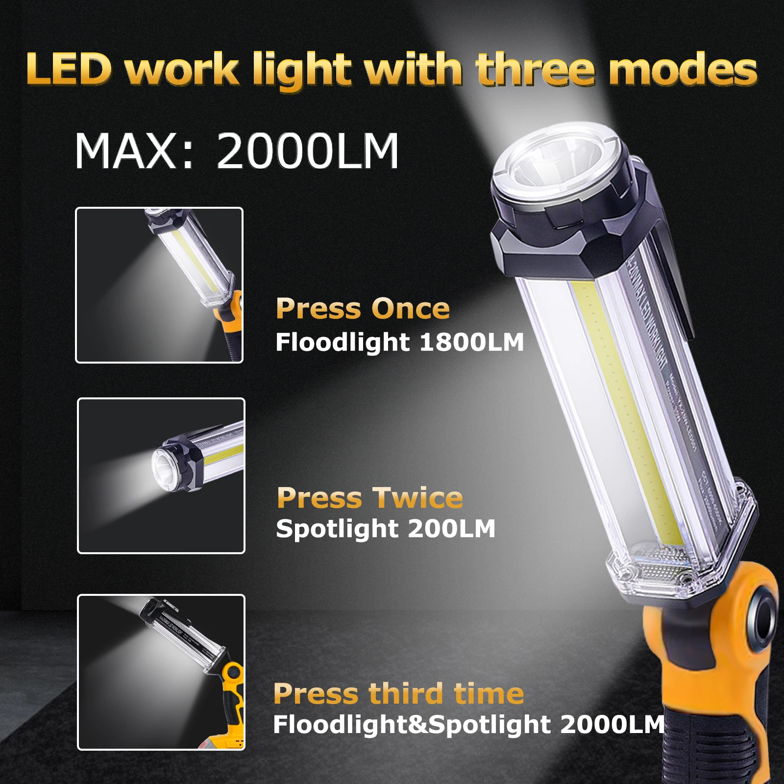 무선 LED 작업등, Dewalt 20V 배터리용 야외 손전등, 휴대용 캠핑 랜턴, 후크 포함 (배터리 없음), 2000LM