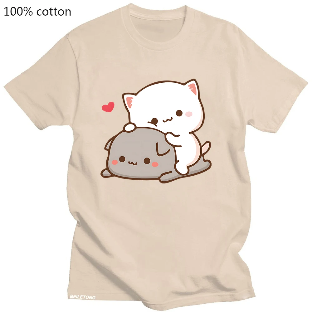 Pfirsich Katze Goma und Mochi T-shirt Neue Sommer Stil T Hemd Femme Nette Print Frauen T-shirt Mode Harajuku paar 100% Baumwolle