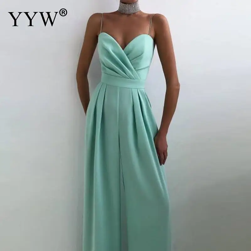 Women Sexy Backless V Neck Slim Flare Rompers Elegant Wide-leg Pants Summer Streetwear Solid Color Sling Sleeveless Jumpsuits