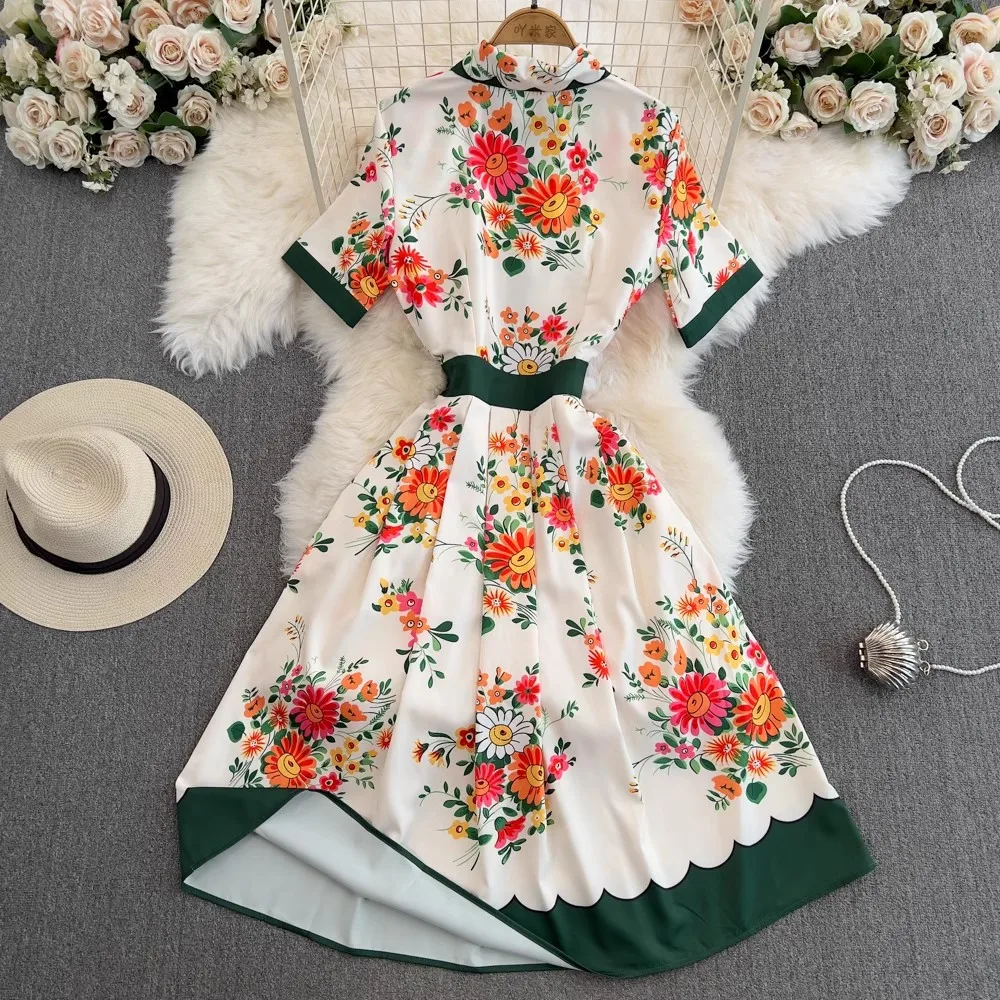 2024 New Summer Women Pirnt Flower Turn Down Collar Single Breasted Short Sleeve Bow Belt Casual Party Boho Holiday Dresses