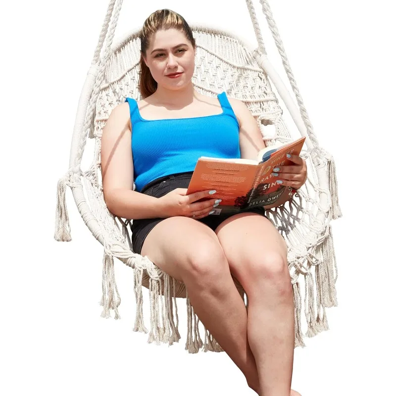 Chair Hanging Rope Swing, Hanging Chair Max 330Lbs,2 Cushions Included Macrame Swing Chair for Bedroom,Indoor, Outdoor, Porch