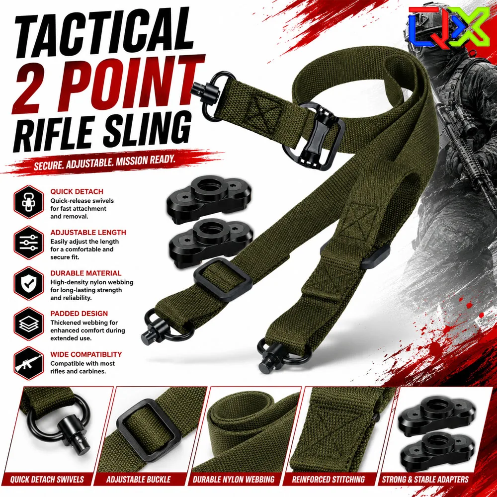 QX Tactical 2 Point Sling Adjustable Nylon Strap Quick Release QD Swivel Mount Outdoor Hunting Shooting Gear Accessories