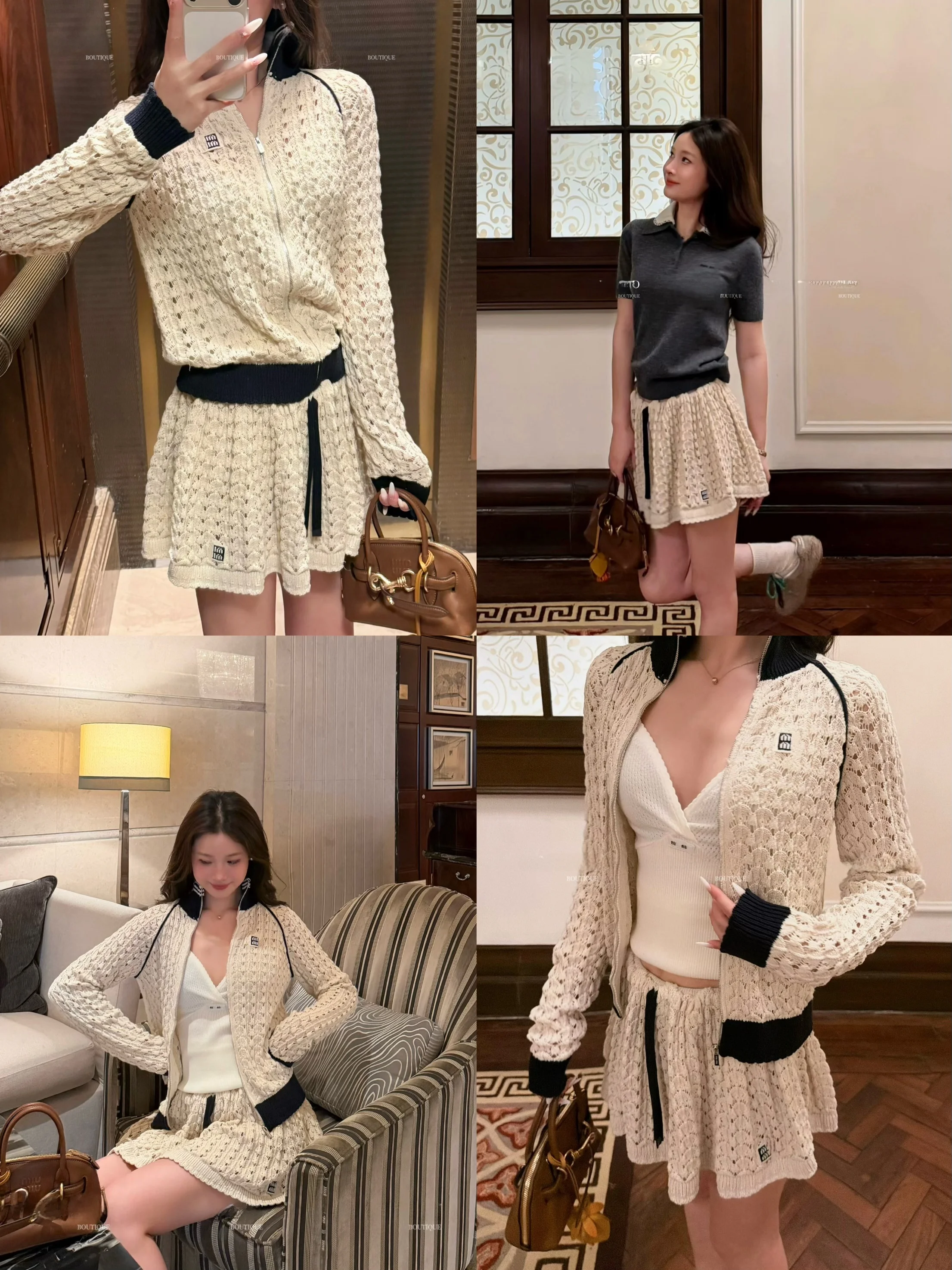 

Vacation Style Knitted Hollow out Hook Flower Color Block Stand Collar Two Piece Set Spring Fashion Women's Clothing