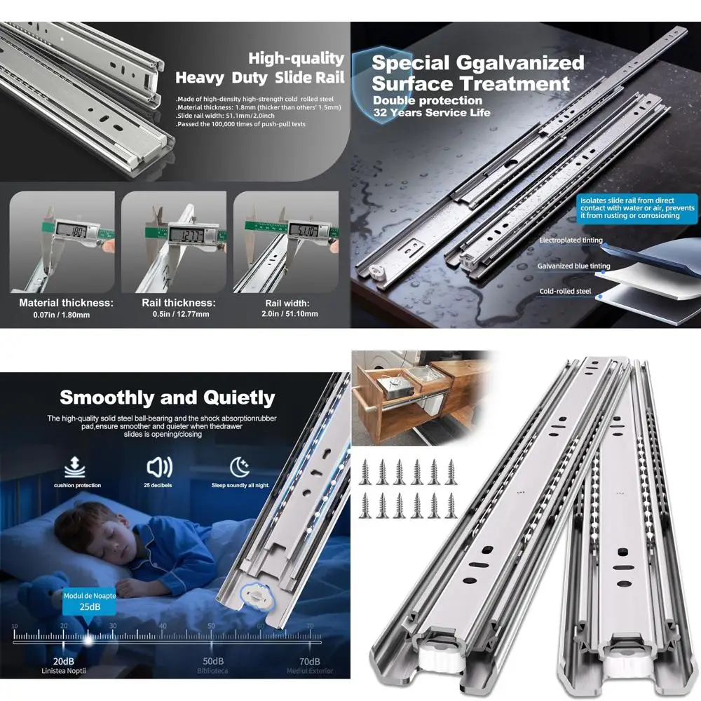 

Полноценные выдвижные направляющие с шарикоподшипниками для шкафов 34 дюйма с винтами M4 - усиленные, грузоподъемность 200 фунтов