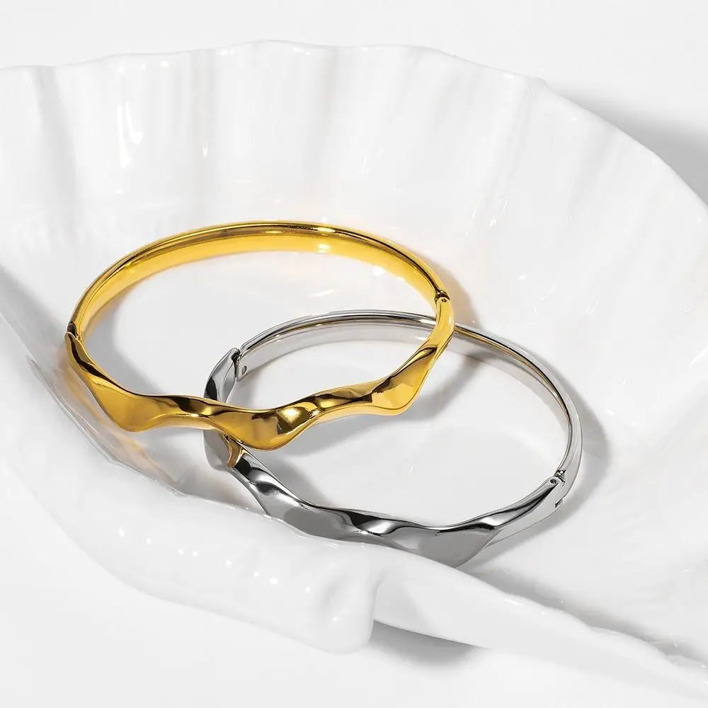 Trendy Stainless Steel Irregular Wave Bracelet Geometric Chunky Fashion Jewelry Smooth Gold Charm Accessories Women
