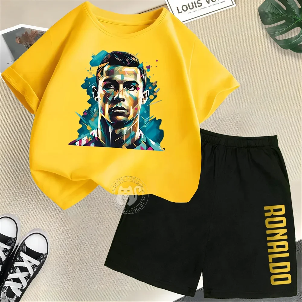 Kids Summer set 100% cotton short sleeve T-shirt + Shorts Soccer player Cristiano Ronaldo print Boys and girls outdoor sports se