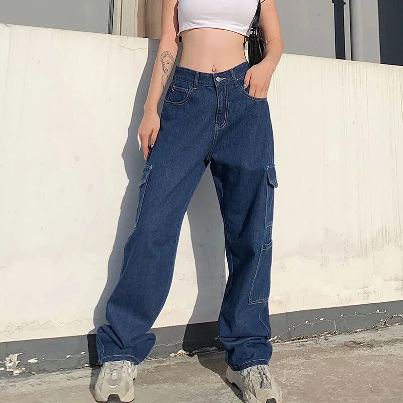 

Korean Fashion Pocket White Women Streetwear High Waist Jeans Vintage Straight Harajuku 2023 Denim Pants Cargo Pants Mom Jeans