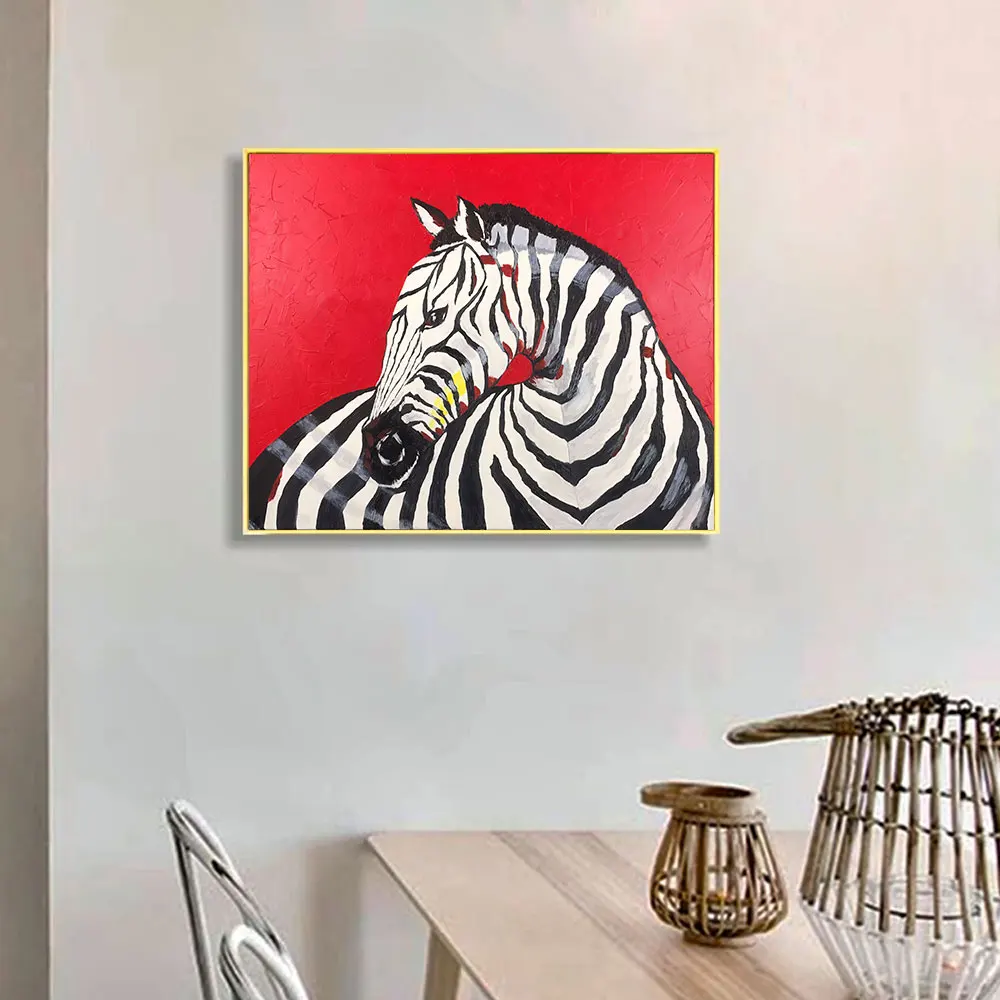 Canvas Print Painting Poster Red Background Zebra Modern Art Living Room Bedroom Porch Bedside Sofa Background Home Wall Decor