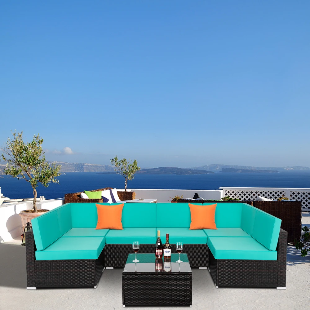 

7 Piece Outdoor PatioGarden Conversation Sofa Set and Modular Sofa Set with CoffeeTableandCushions forLawnBackyardsand Poolside