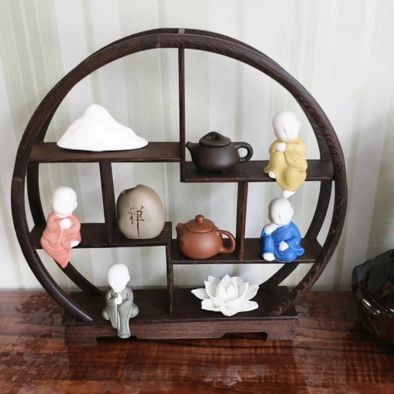 

Elegant Asian Style Solid Wood Tea Table, Entryway Decor Sculpture, TV Stand with Display Shelf, Zen Study Room Furniture