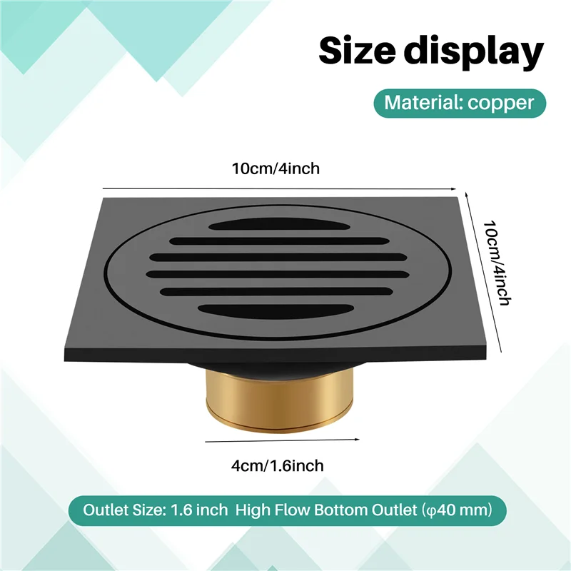 ABAG 4 Inch Square Shower Drain With Removable Cover Grate, Brass Anti Clogging And Odor Point Floor Drain Assembly With Hair Ca