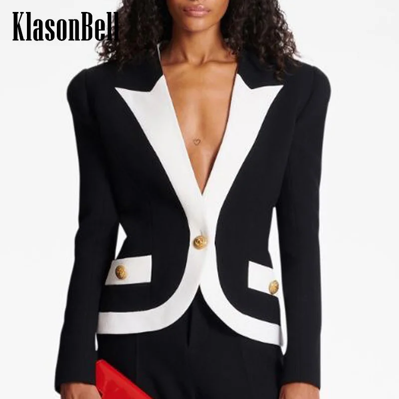 

KlasonBell-Women's V-Neck Jacket, Temperament Jacket, Black, White, Spliced Color, Vintage Lion, Gold Button, Collect Waist, Sho