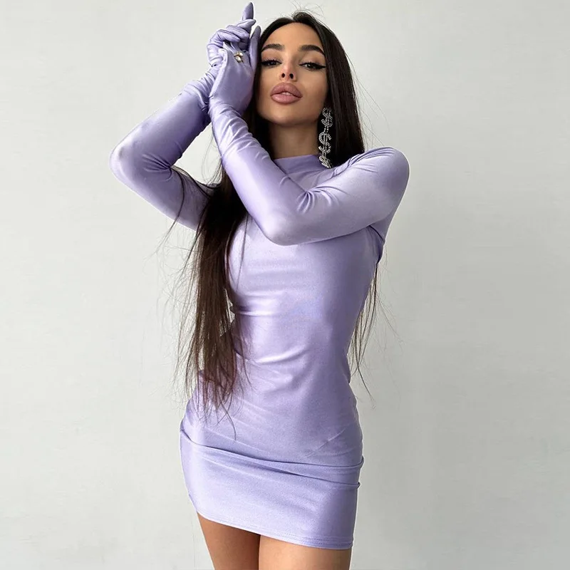 Fluorescent  High Waist Tight Short Skirt 2023 Autumn/Winter New Finger Cover Women's Sexy Wrap Hip Round Neck Long Sleeve Dress