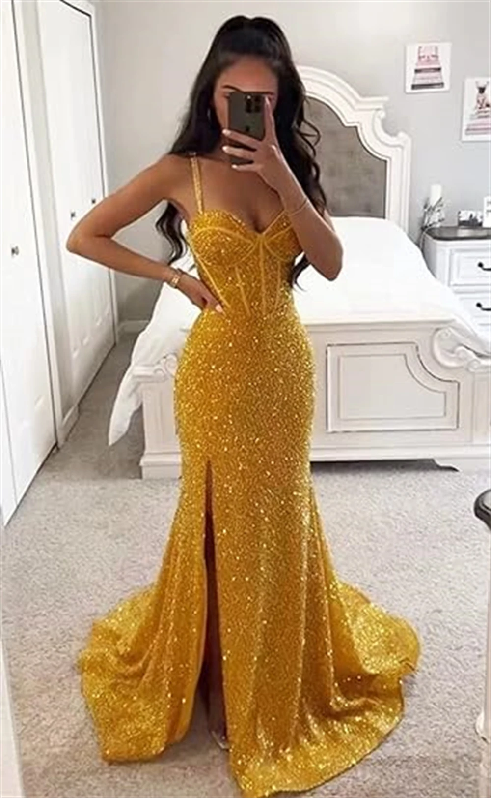 

2024 Women Spaghetti Strap V-Neck Mermaid Sequin Prom Dresses Sparkly Sleeveless Corset High Slit Formal Evening Party Dress