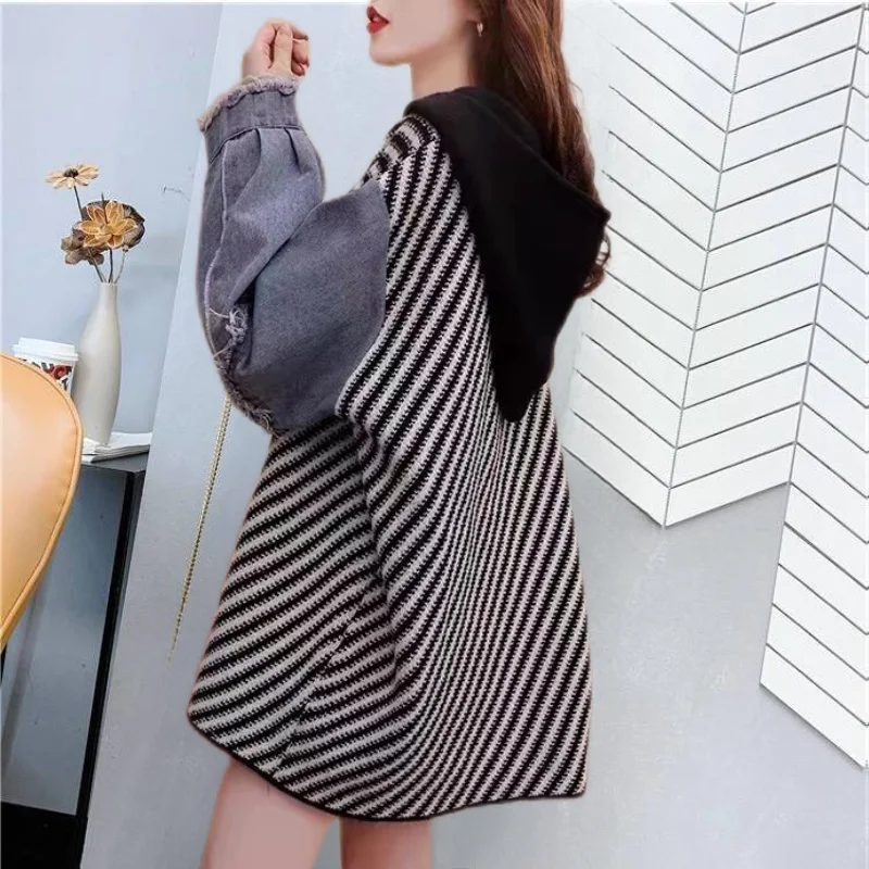 New autumn and winter Korean style lazy style loose striped ins knitted jacket for women's denim outerwear hooded sweater