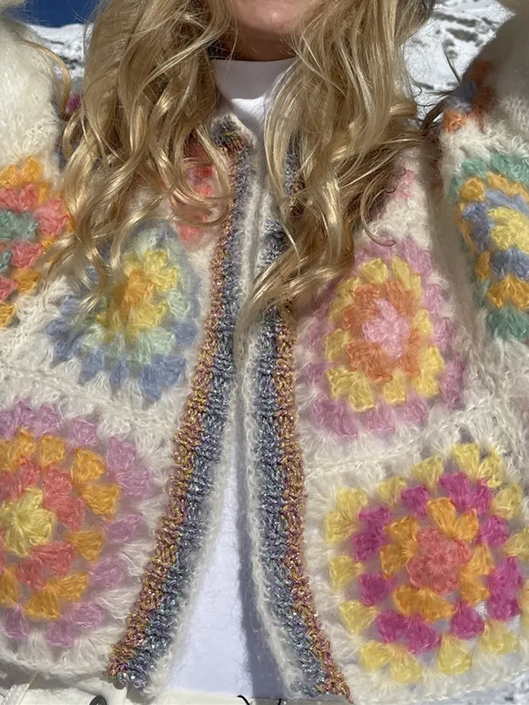 Boho farbige karierte Blume Hand häkeln Strickjacke Vintage Frau o Hals Langarm offene Nähte Pullover Strick pullover