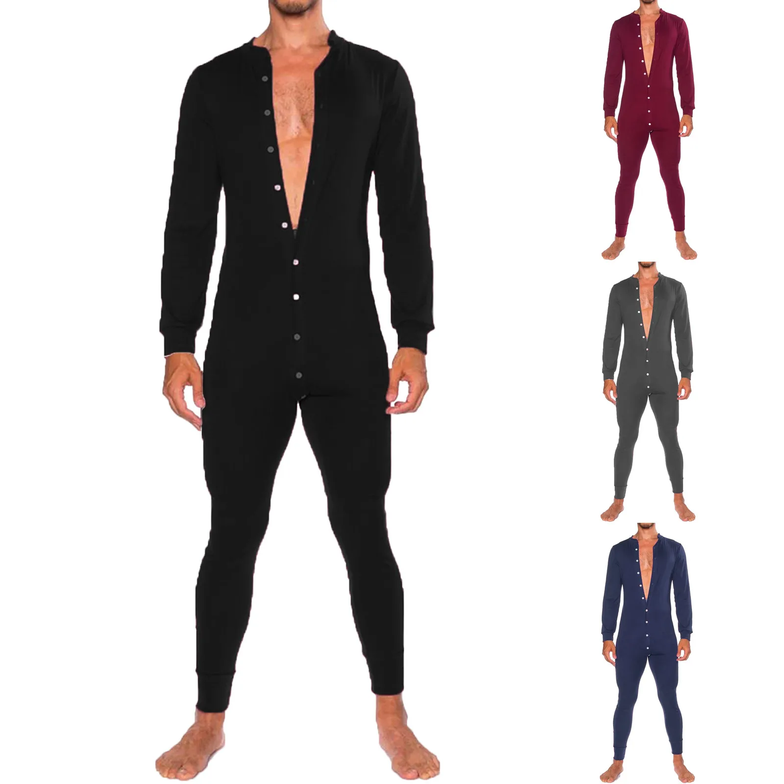 Mens Jumpsuit Romper Pajamas Casual Button Single-Breasted Bodysuit Long Sleeve Bodycon Sleepwear Male Autumn Solid Home Wear